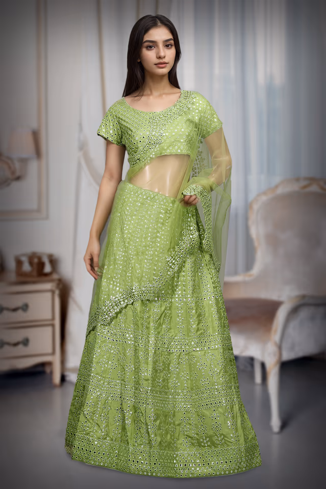 Lime Green Viking Silk Artificial Mirror Work Lehenga With Same Colour Blouse And Dupatta — rent in Coimbatore