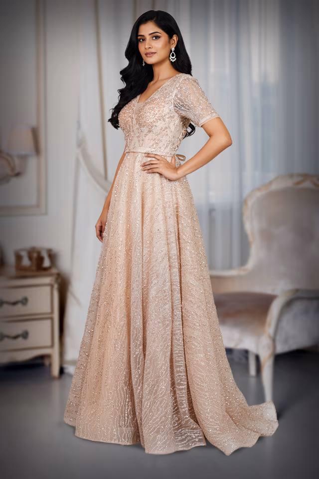 A-line flared gown with generous volume, offering a ball gown-inspired silhouette without… — back view, rent in Bangalore