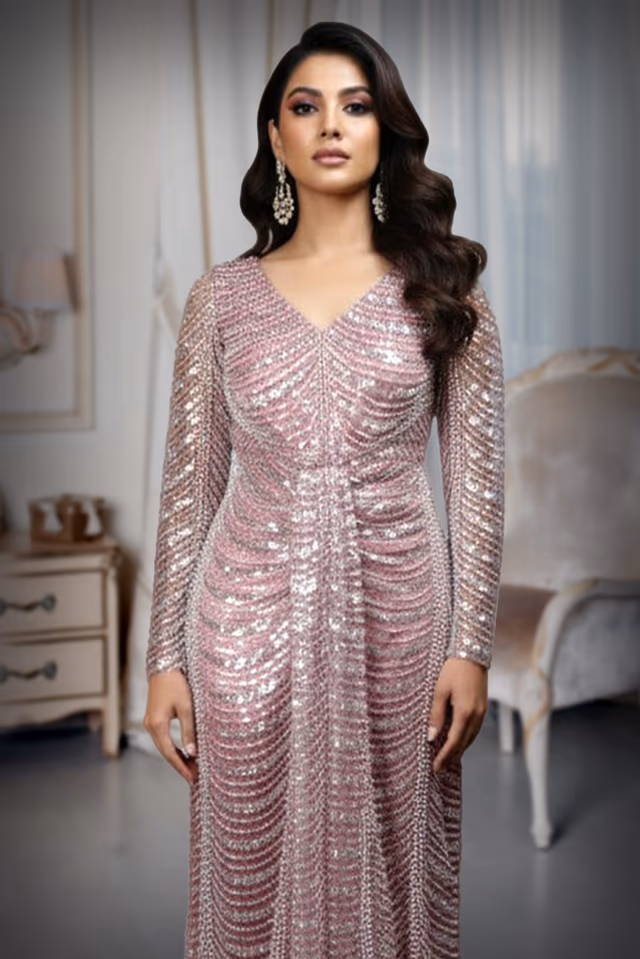 Long-Sleeved Dusty Rose Fully Beaded Ruched Gown — rent in Kochi
