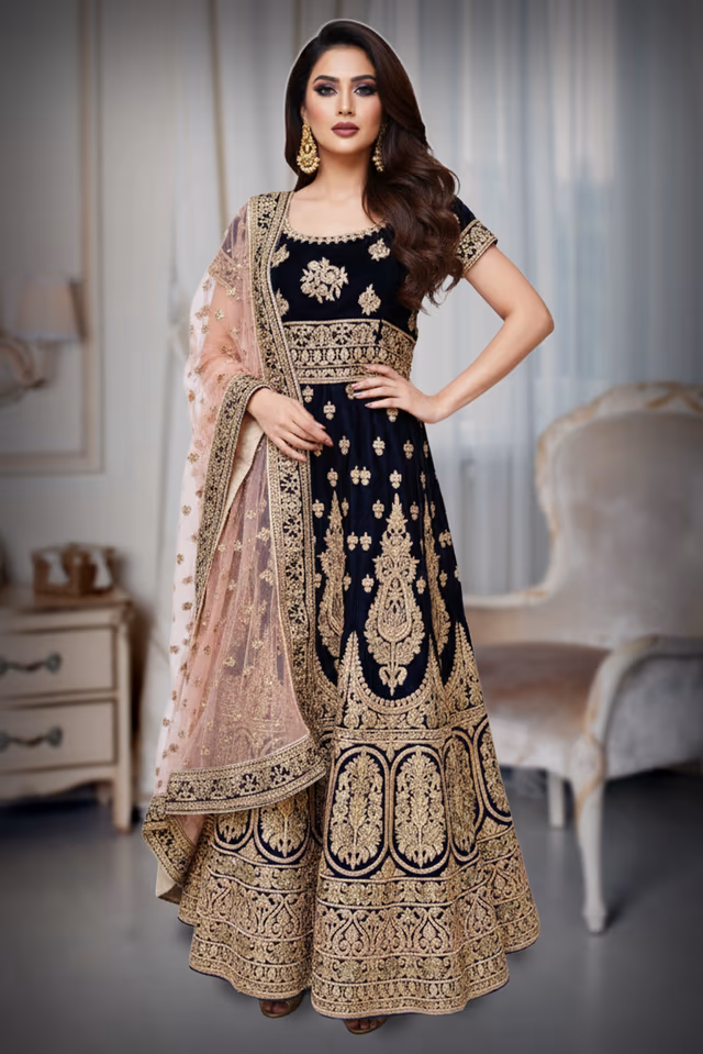 Luxurious Velvet Gown with Gold Zari and Stone Embellishments for Elegant Celebrations — back view, rent in Bangalore