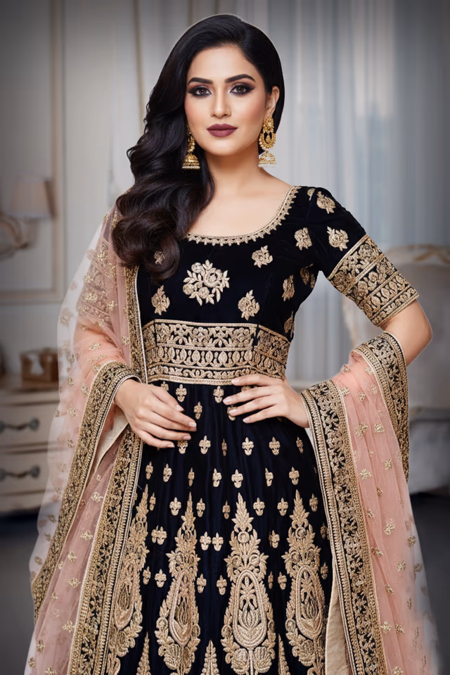Luxurious Velvet Gown with Gold Zari and Stone Embellishments for Elegant Celebrations — rent in Bangalore