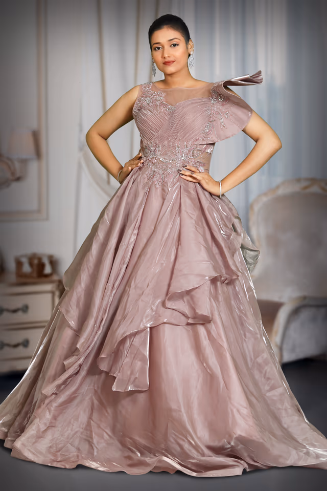 mauve colour heavy work crushed drapping  gown — back view, rent in Coimbatore