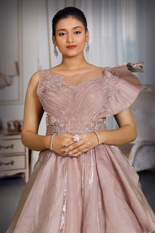 mauve colour heavy work crushed drapping  gown — rent in Coimbatore