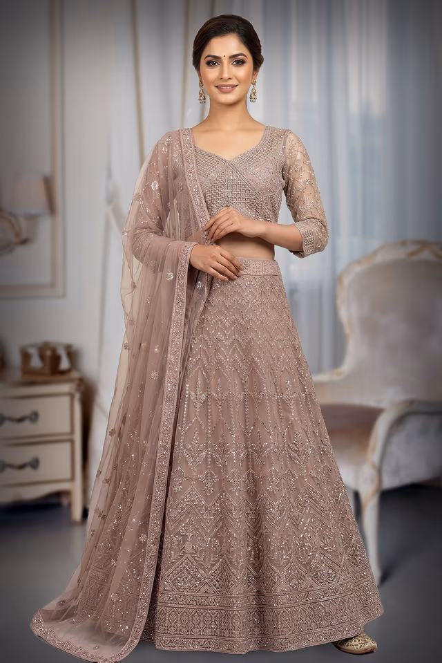 Mauve Net Lehenga With Intricate Stone Work And Threadwork Details — back view, rent in Kochi