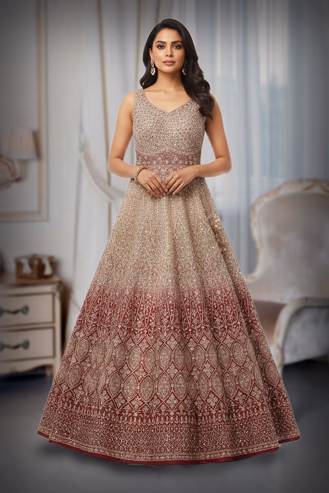 Mauve-to-Plum Ombre Heavily Embellished Floor-Length Gown — back view, rent in Kochi