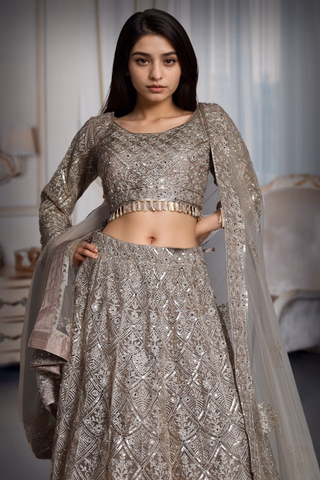 Metallic Golden Heavy Stone Worked Net Lehenga With Heavy Detailed Crop Top And Same Color Dupatta — rent in Kochi