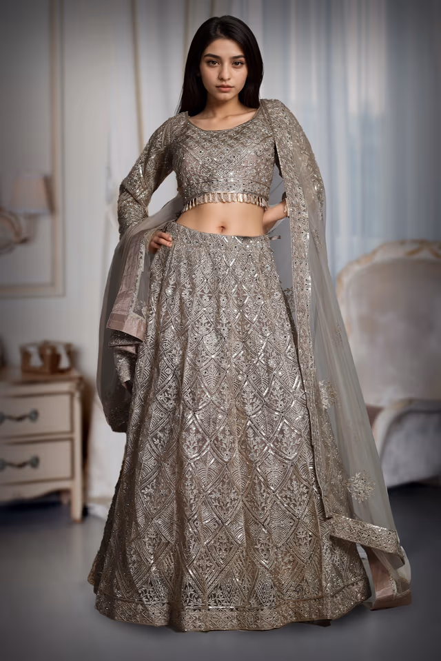 Metallic Golden Heavy Stone Worked Net Lehenga With Heavy Detailed Crop Top And Same Color Dupatta — back view, rent in Kochi
