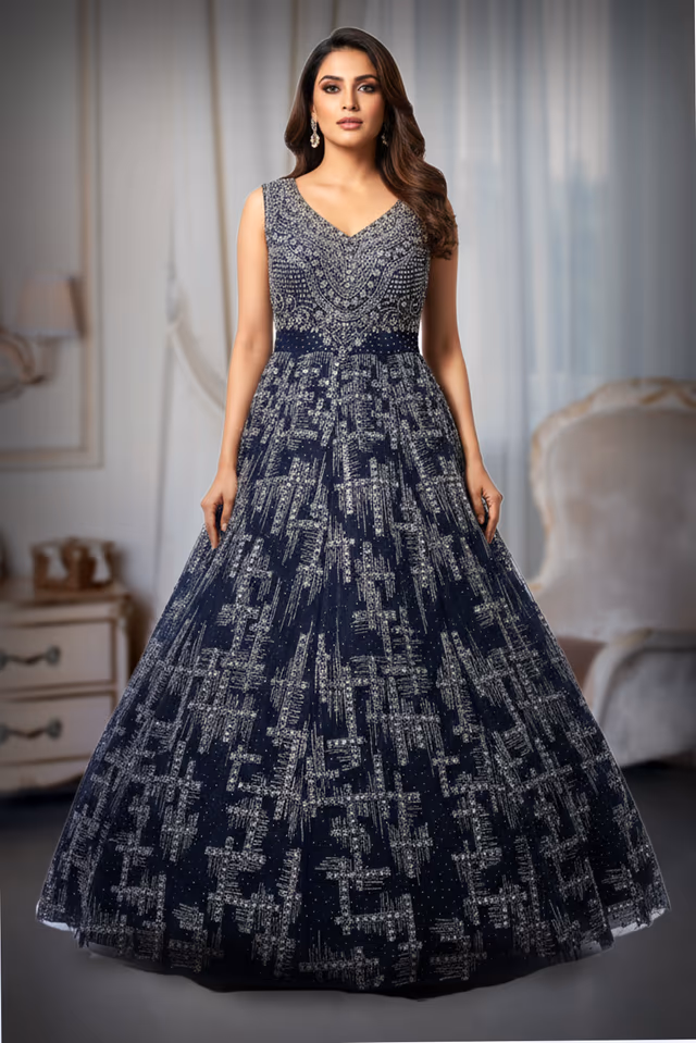 Midnight Blue Tulle Gown with Geometric Sequins and Ornate Bodice — back view, rent in Kochi