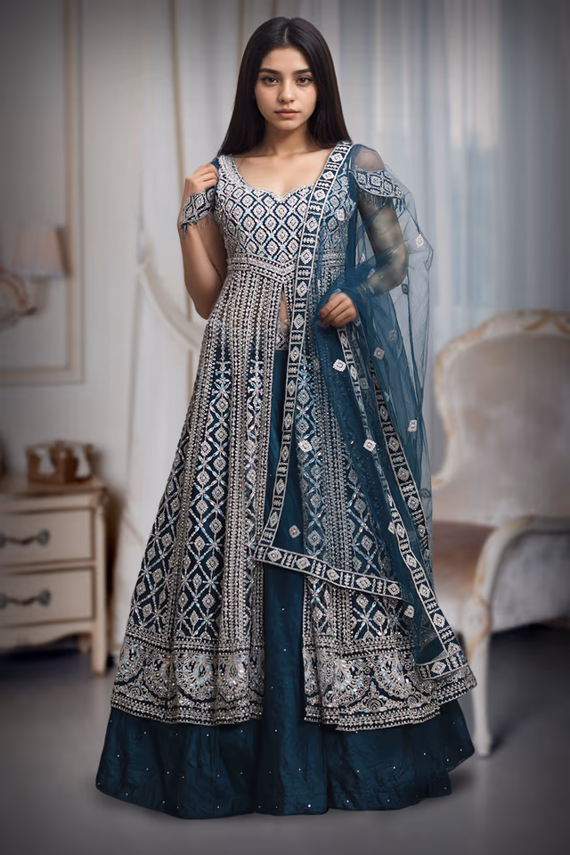 Midnight Teal Diamond Zari Embroidered Net Lehenga  Silver Sequin & Threadwork Geometric… — back view, rent in Coimbatore