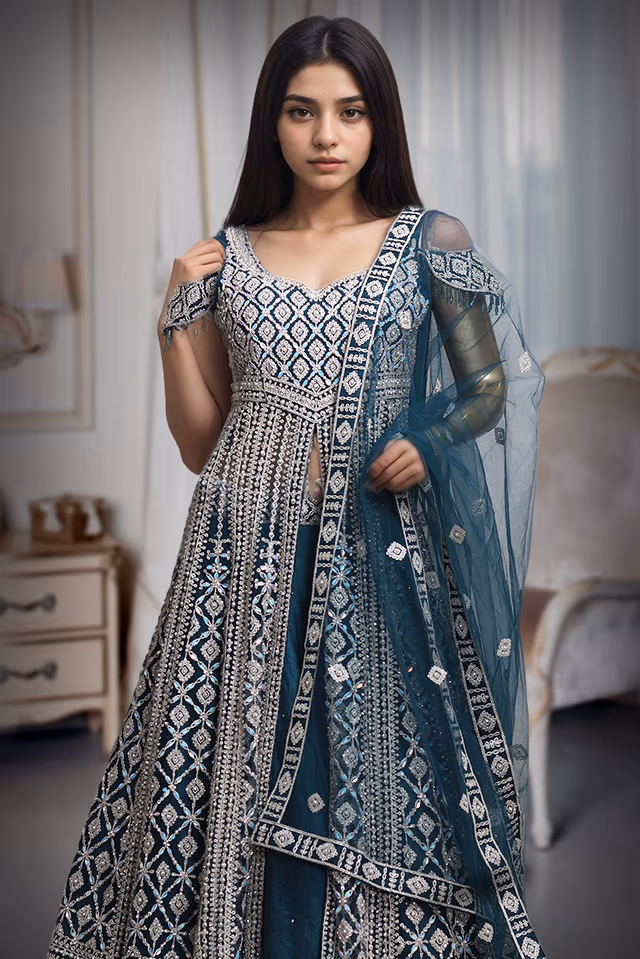 Midnight Teal Diamond Zari Embroidered Net Lehenga  Silver Sequin & Threadwork Geometric Design — rent in Coimbatore