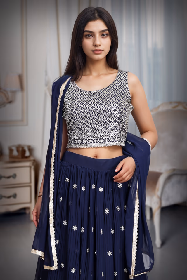 Minimalist Navy Blue Georgette Lehenga Embellished With Sequin Work — rent in Coimbatore