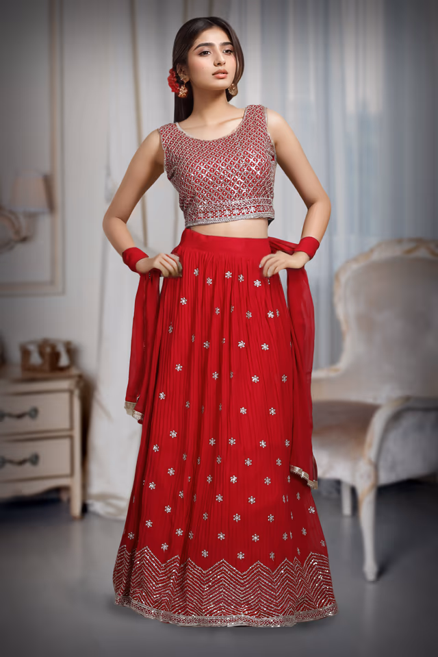 Minimalist Rani Pink Georgette Lehenga Embellished With Sequin Work — back view, rent in Coimbatore
