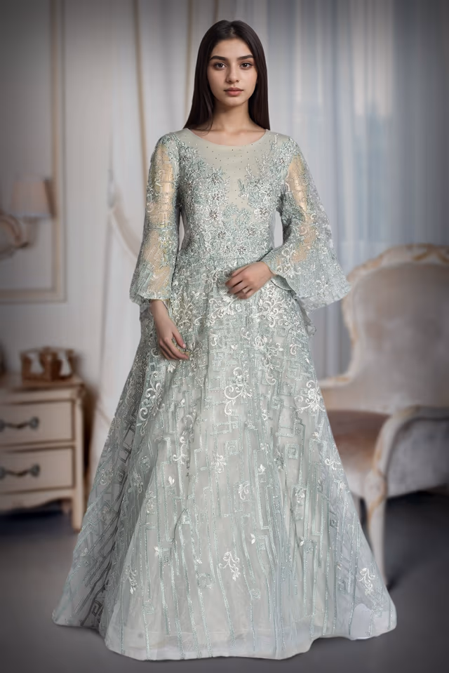 Mint Hued Gown With Sequin Embroidery And Bell Sleeves Exuding Soft Elegant Charm — back view, rent in Bangalore