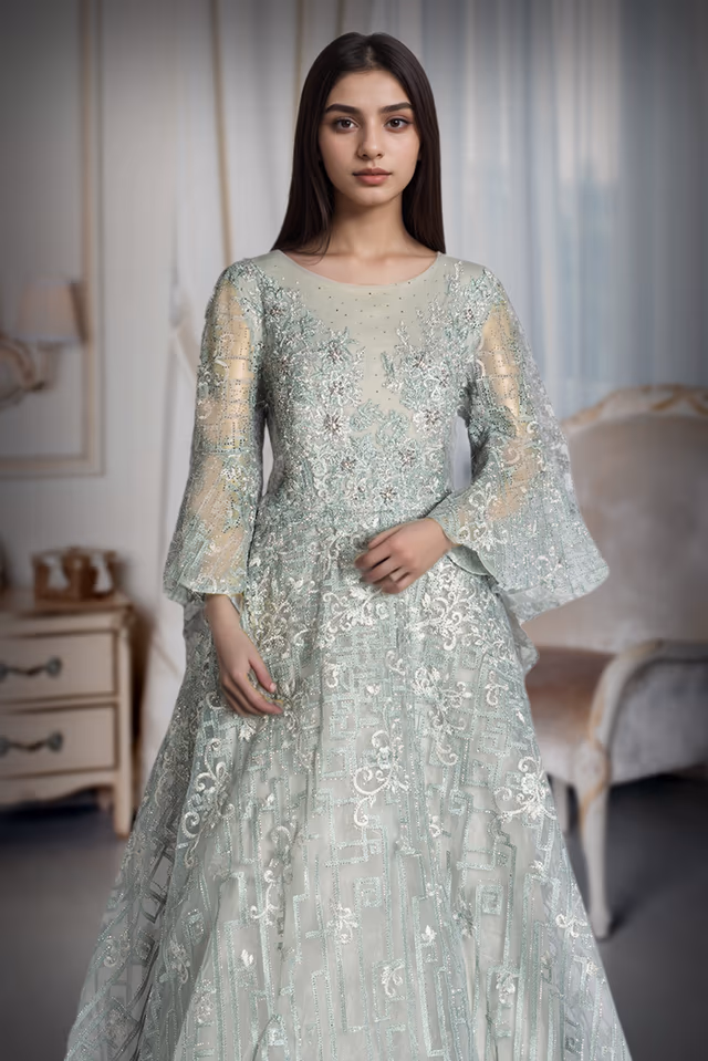 Mint Hued Gown With Sequin Embroidery And Bell Sleeves Exuding Soft Elegant Charm — rent in Bangalore