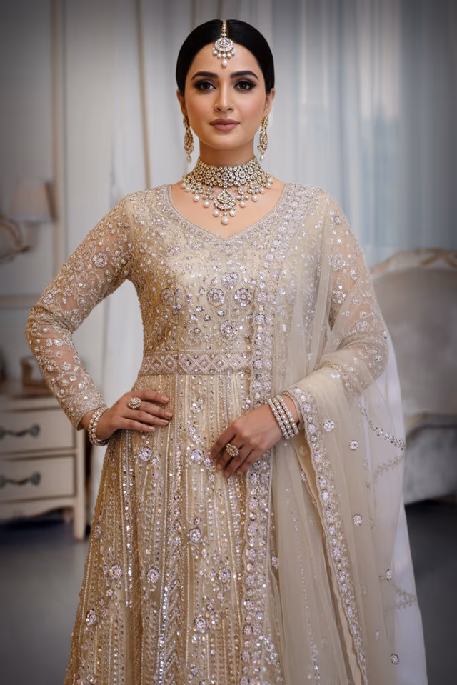 Monochromatic Zari & Sequin Bridal Gown — back view, rent in Kochi