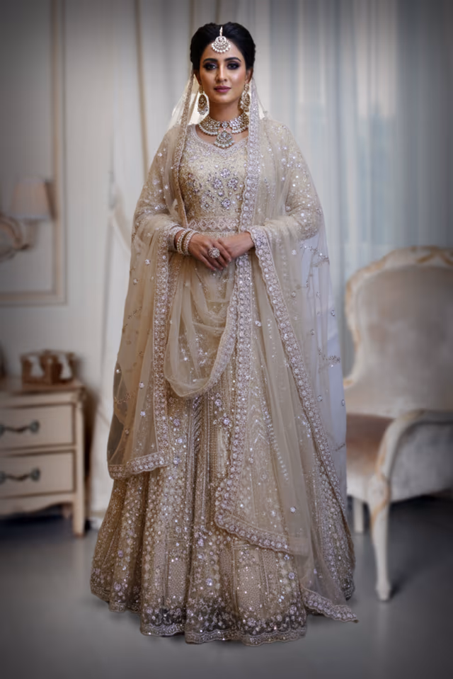 Monochromatic Zari & Sequin Bridal Gown — back view, rent in Ernakulam