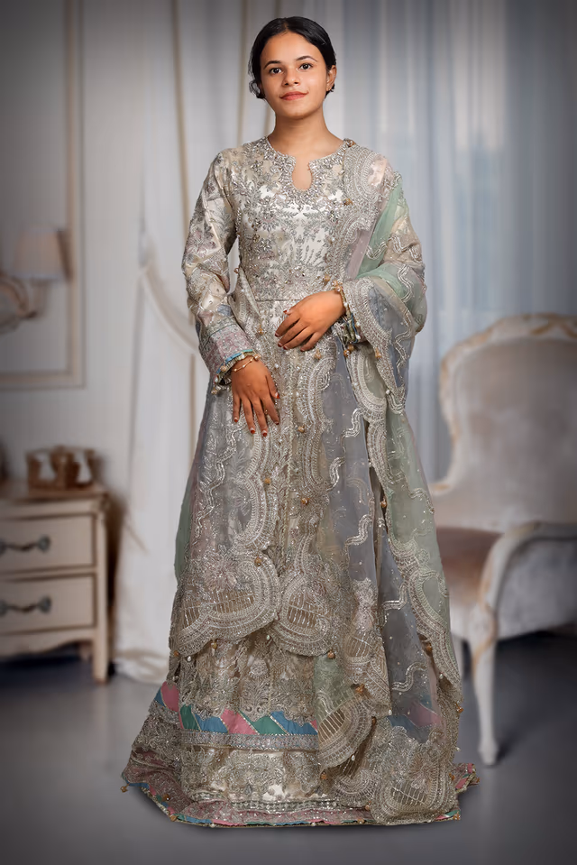 Multicolor Pre Wedding Gown With Thread And Sequins Embroidery All Over The Gown — back view, rent in Calicut
