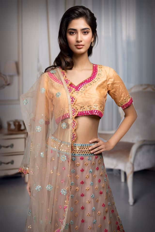 Multicolour Bangalori Silk Artificial Mirror Heavy Embellished Bridal Lehenga — rent in Coimbatore