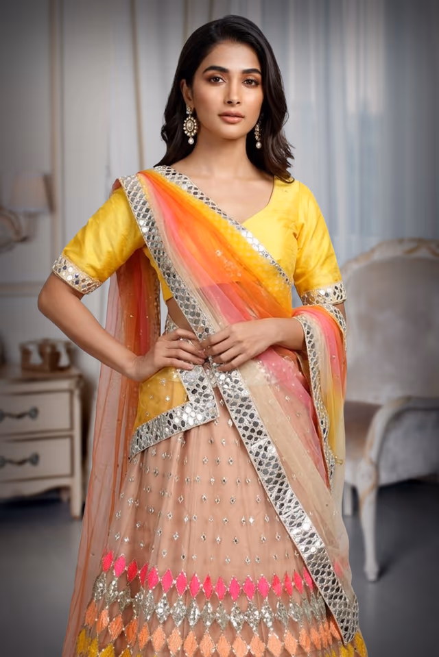 Multicolour Butterfly Net Mirror Work Lehenga — rent in Coimbatore