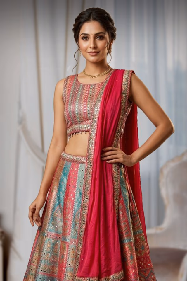 Elegant Multicolour Digital Print Lehenga with Random Mirror Work Detailing — rent in Bangalore
