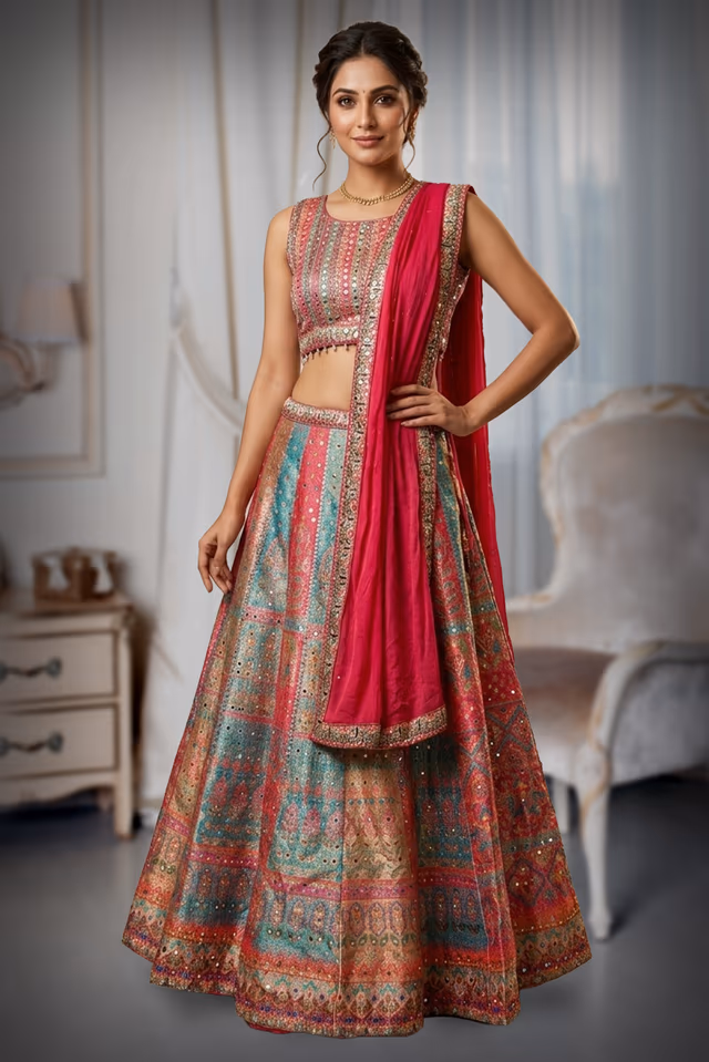 Elegant Multicolour Digital Print Lehenga with Random Mirror Work Detailing — back view, rent in Bangalore