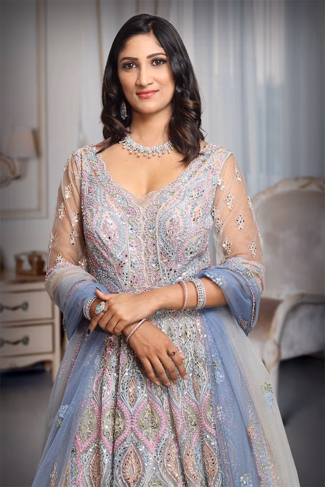 Multicoloured Heavy Handworked Gown With a Lot Of Colour Detailing And Stone Work With Scallop Worked… — rent in Calicut