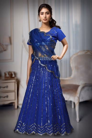 Navy Blue Faux Lehenga With Heavy Sequins And A Well Detailed Border Which Comes With A… — back view, rent in Coimbatore