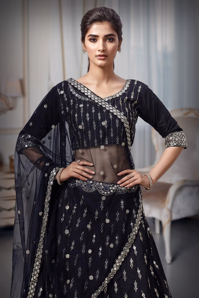 Navy Blue Net Lehenga With Heavy Sequins And A Well Detailed Border — rent in Coimbatore
