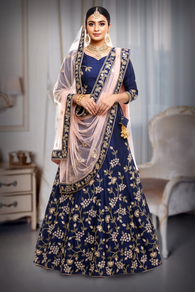 Navy Blue Silk Lehenga with Golden Floral Zardozi Embroidery and Full Sleeves — back view, rent in Coimbatore