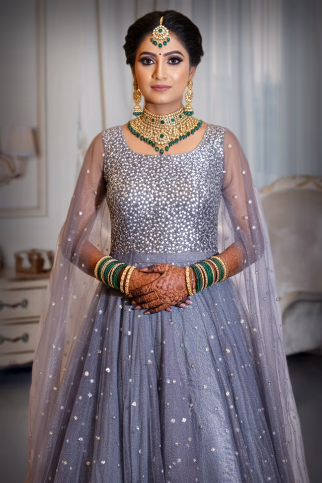 Elegant Grey Net Gown with All-Over Sequin Embellishments — rent in Kochi