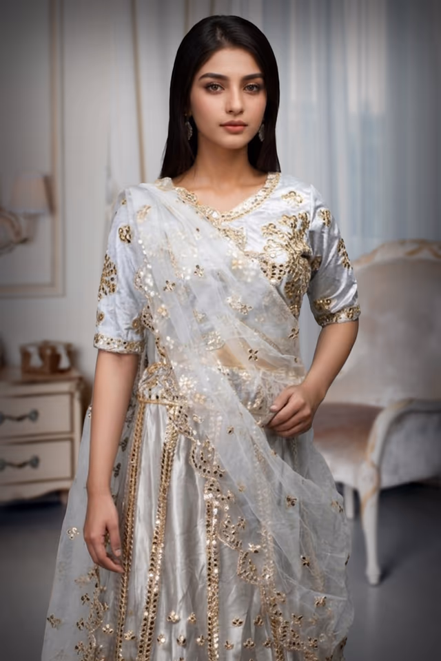 Ocean Grey Net Lehenga With Heavy Detailing On Skirt , Blouse And Dupatta — rent in Coimbatore