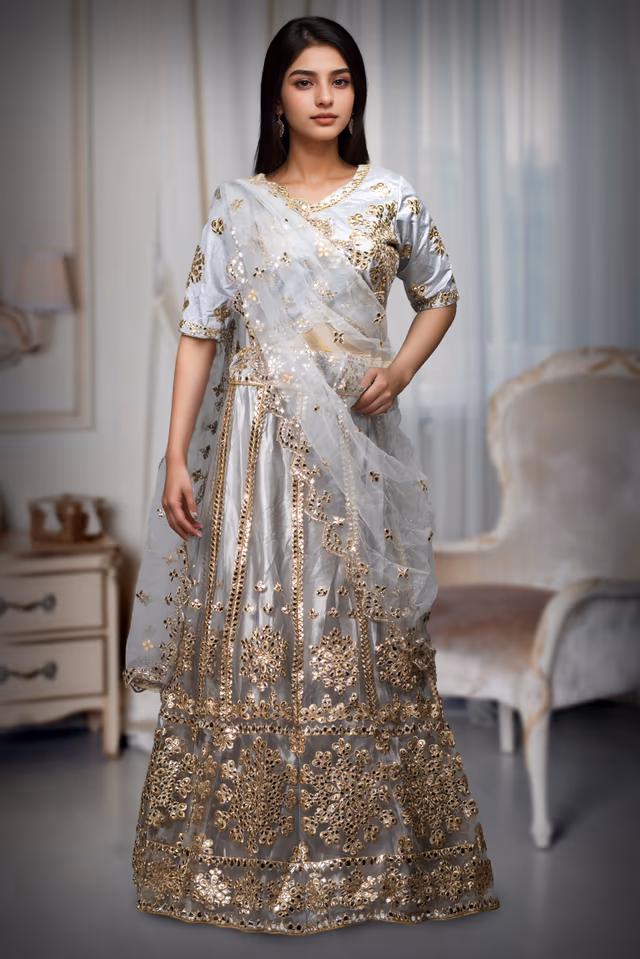 Ocean Grey Net Lehenga With Heavy Detailing On Skirt , Blouse And Dupatta — back view, rent in Coimbatore