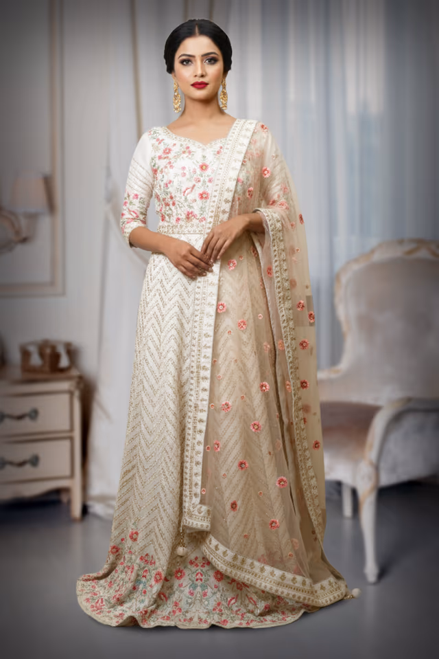Off White Gown Features Floral Details, Creating A Graceful And Luxurious Appearance — back view, rent in Calicut