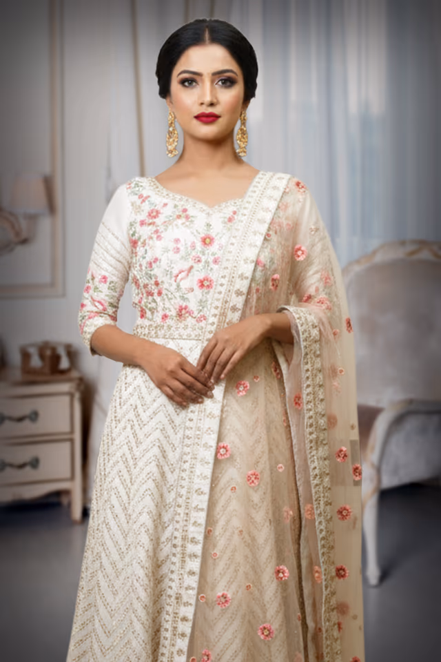 Off White Gown Features Floral Details, Creating A Graceful And Luxurious Appearance — rent in Calicut