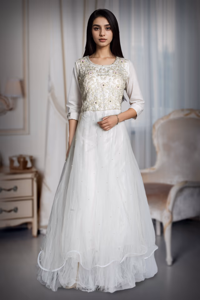 Off White Pre Wedding Gown With Intricate Zardozi Work Details On Front Yoke — back view, rent in Bangalore