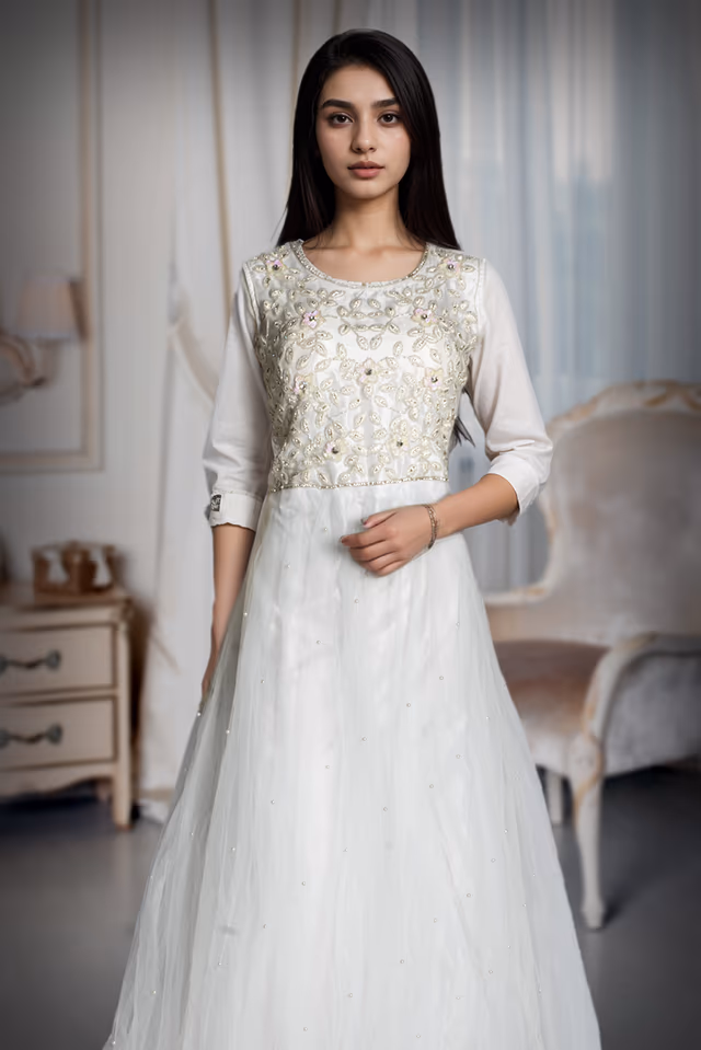Off White Pre Wedding Gown With Intricate Zardozi Work Details On Front Yoke — rent in Bangalore