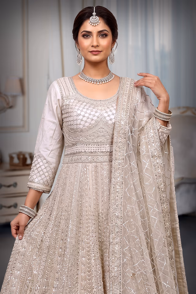off white pre wedding gown with thread and sequins embroidery all over the gown — rent in Calicut
