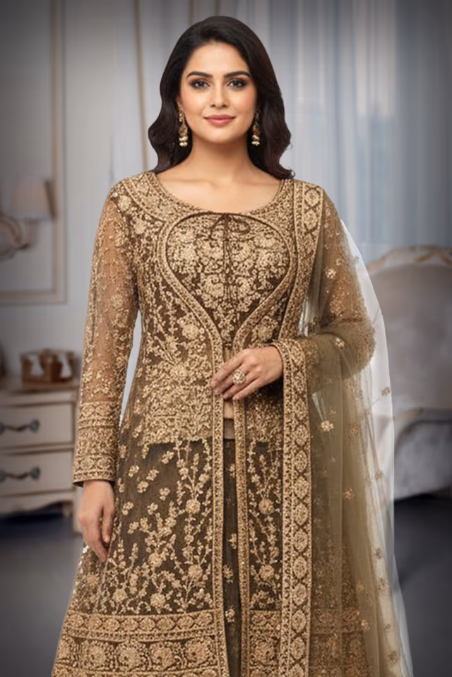 Olive Green Heavy Embellished Bridal Peplum Lehenga With Golden Stone Details On Skirt ,Top And Dupatta — rent in Calicut