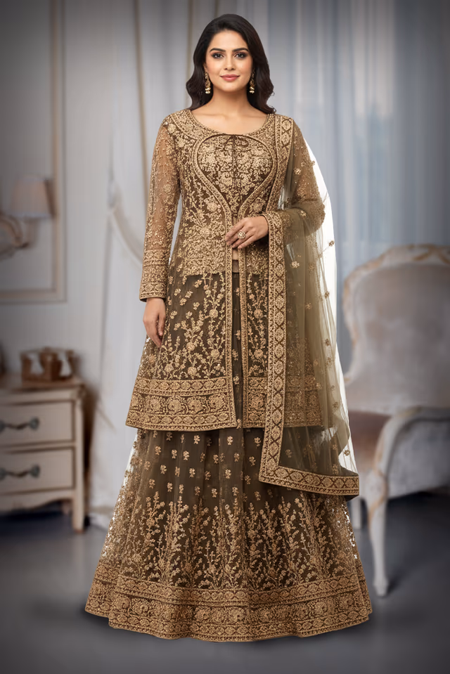 Olive Green Heavy Embellished Bridal Peplum Lehenga With Golden Stone Details On Skirt ,Top… — back view, rent in Calicut