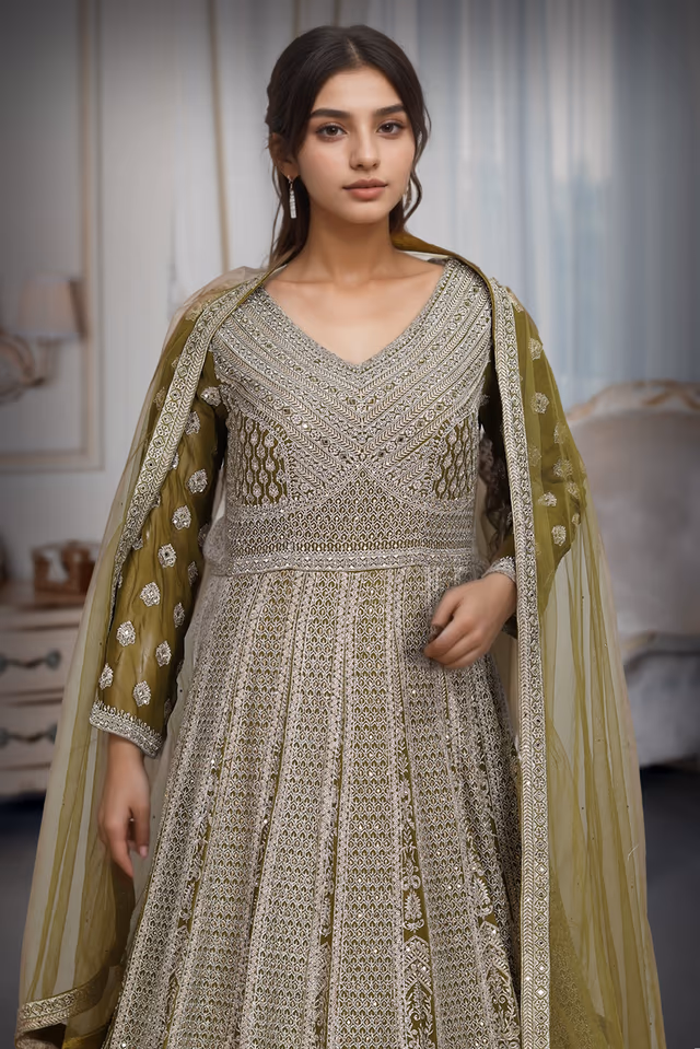 Olive Green Full Sleeve Gown With Heavy Stone Work And Mirror Work Details — rent in Kochi