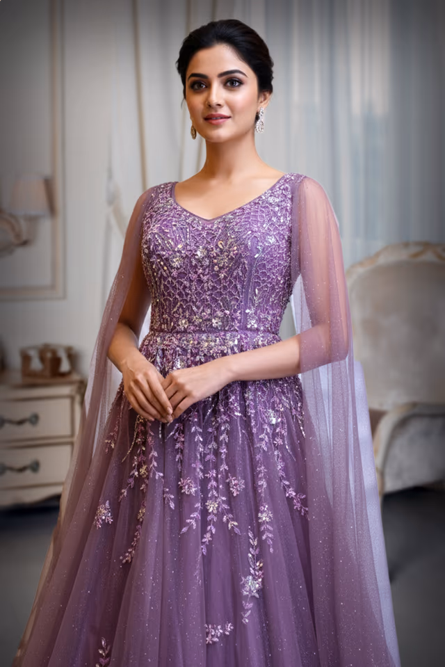 Onion pink Embroidered Net Gown — rent in Kochi