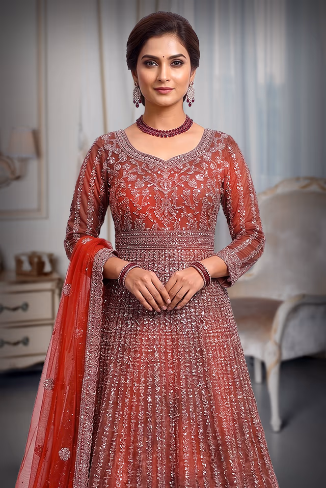 Orange Wedding Gown With Threadwork And Stonework Details All Over The Gown — rent in Calicut