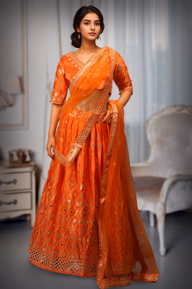 Orange Minimal Lehenga With Mirror Work Embellishment And Net Dupatta — back view, rent in Coimbatore