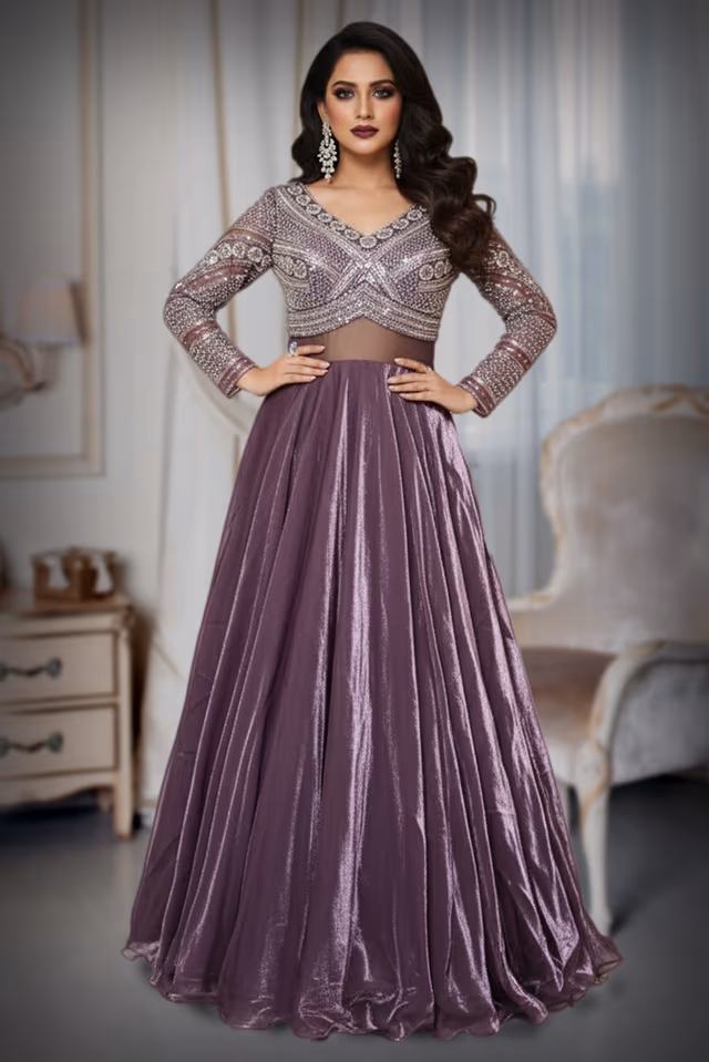 Organza with silver work in gown — back view, rent in Bangalore