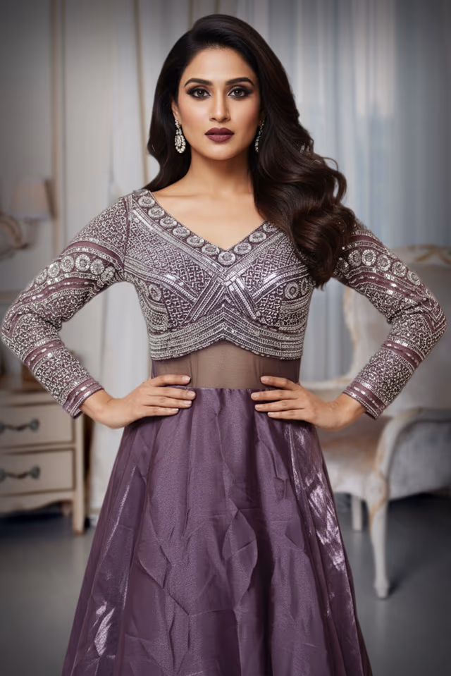 Organza with silver work in gown — rent in Bangalore