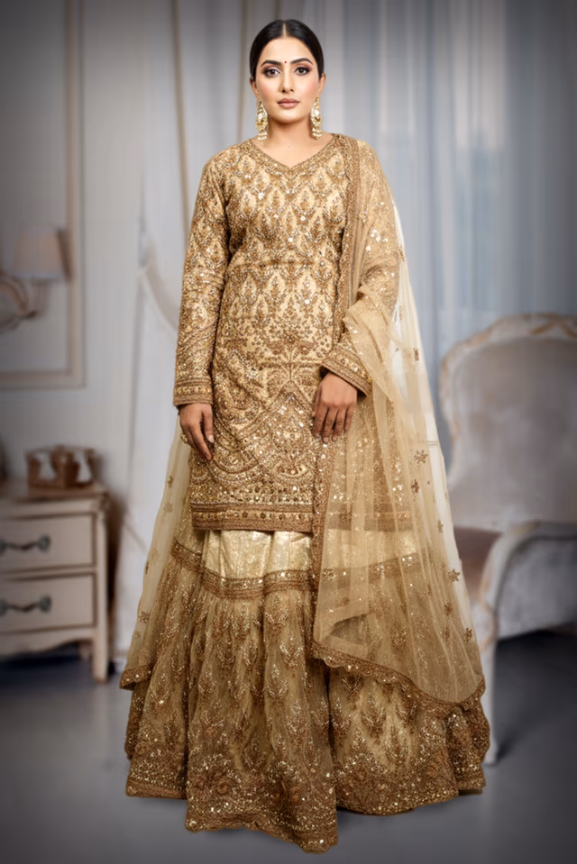 Elegant Pakistani lehenga Heavy Embroidered Sharara top , worked skirt and duppatta — back view, rent in Ernakulam