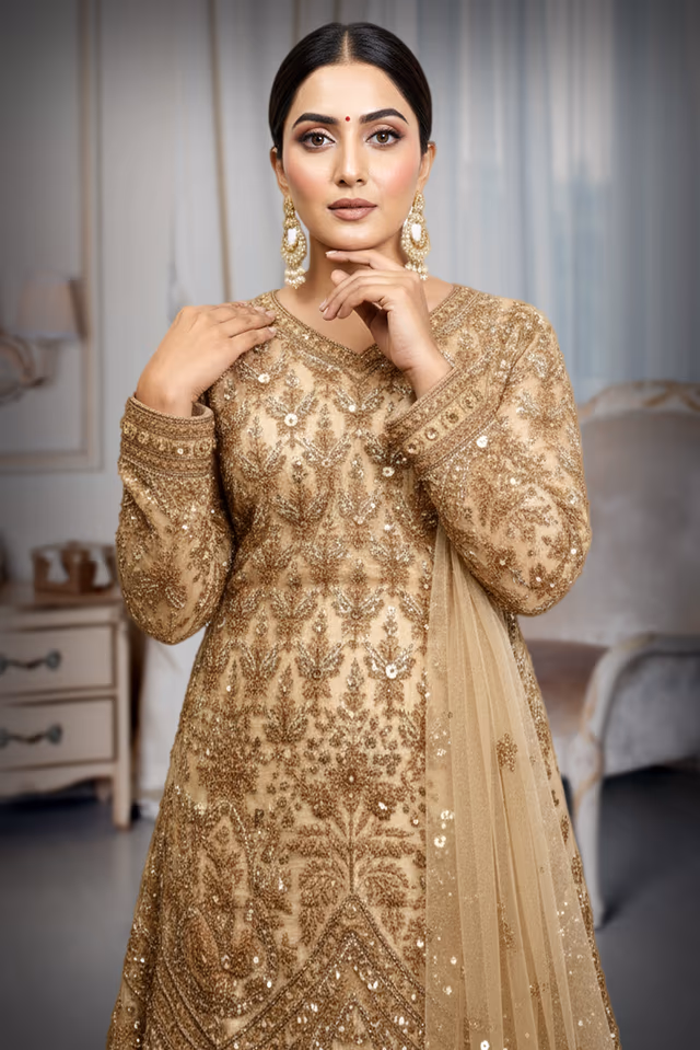 Elegant Pakistani lehenga Heavy Embroidered Sharara top , worked skirt and duppatta — rent in Ernakulam