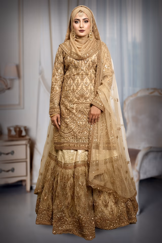Elegant Pakistani lehenga Heavy Embroidered Sharara top , worked skirt and duppatta — back view, rent in Kochi
