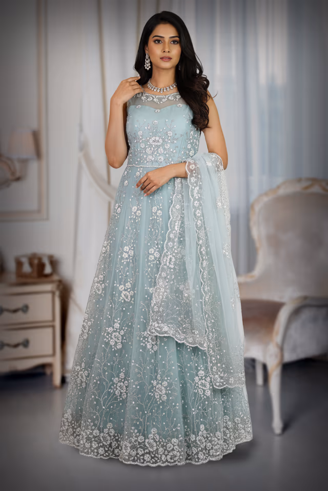 Pastel Aqua Blue Net Gown with Intricate Floral Embroidery — back view, rent in Bangalore