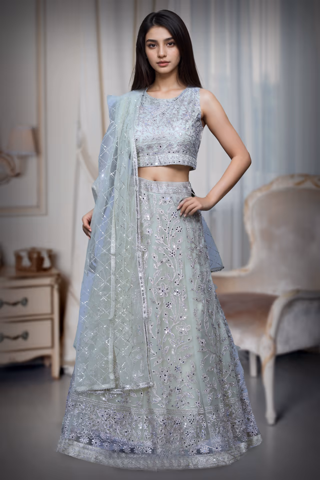 Pastel Blue Net Lehenga With Threadwork And Stone Work Details And Same Colour Dupatta — rent in Coimbatore